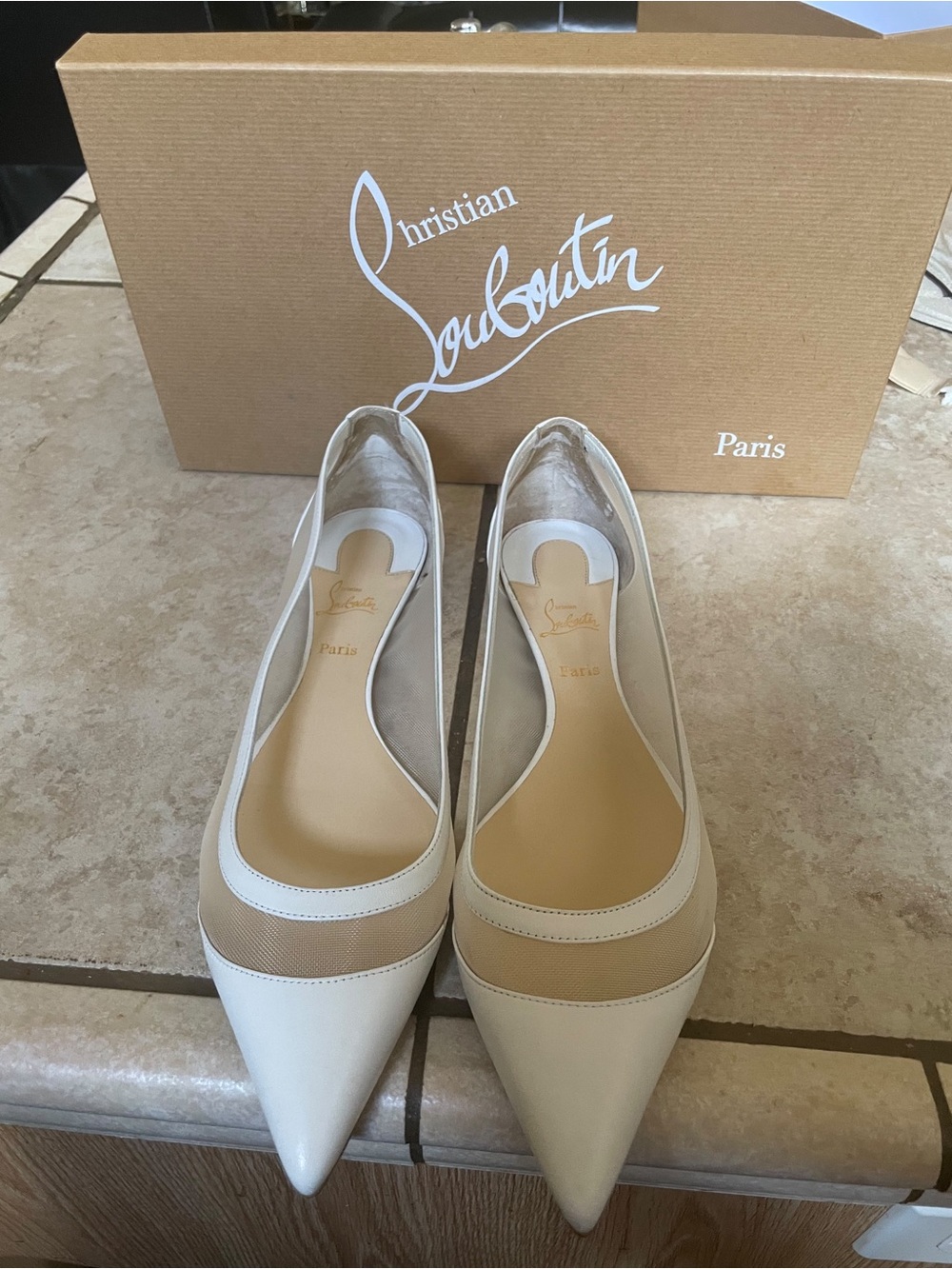 Christian Louboutin Two-Tone White and Beige Pointed Ballet Flats